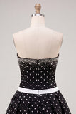 Black White Dots Strapless A-Line Beaded Short Homecoming Dress with Bow