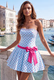 Black White Dots Strapless A-Line Beaded Short Homecoming Dress with Bow