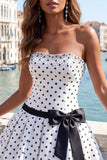 Black White Dots Strapless A-Line Beaded Short Homecoming Dress with Bow