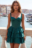 Dark Green A-Line Tiered Corset Thick Straps Homecoming Dress with Lace Up Back
