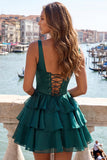 Dark Green A-Line Tiered Corset Thick Straps Homecoming Dress with Lace Up Back