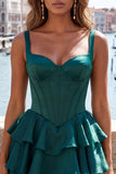 Dark Green A-Line Tiered Corset Thick Straps Homecoming Dress with Lace Up Back