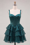 Dark Green A-Line Tiered Corset Thick Straps Homecoming Dress with Lace Up Back