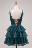 Dark Green A-Line Tiered Corset Thick Straps Homecoming Dress with Lace Up Back