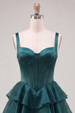 Dark Green A-Line Tiered Corset Thick Straps Homecoming Dress with Lace Up Back