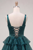 Dark Green A-Line Tiered Corset Thick Straps Homecoming Dress with Lace Up Back