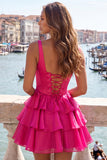 Dark Green A-Line Tiered Corset Thick Straps Homecoming Dress with Lace Up Back