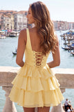 Dark Green A-Line Tiered Corset Thick Straps Homecoming Dress with Lace Up Back