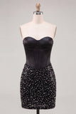 Sweetheart Black Bodycon Corset Pearls Homecoming Dress with Lace Up Back