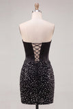 Sweetheart Black Bodycon Corset Pearls Homecoming Dress with Lace Up Back