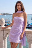 Strapless Lilac Ruched Floral Tight Homecoming Dress