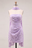 Strapless Lilac Ruched Floral Tight Homecoming Dress