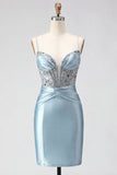 Dusty Blue Corset Satin Beaded Spaghetti Straps Homecoming Dress with Lace Up Back