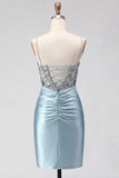 Dusty Blue Corset Satin Beaded Spaghetti Straps Homecoming Dress with Lace Up Back