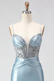 Dusty Blue Corset Satin Beaded Spaghetti Straps Homecoming Dress with Lace Up Back