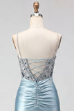 Dusty Blue Corset Satin Beaded Spaghetti Straps Homecoming Dress with Lace Up Back