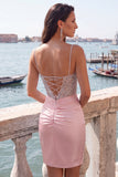 Dusty Blue Corset Satin Beaded Spaghetti Straps Homecoming Dress with Lace Up Back