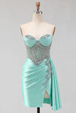 Sweetheart Mint Green Ruched Corset Lace Up Back Beaded Homecoming Dress with Sash