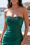 Dark Green Strapless Ruched Beaded Tight Lace Up Back Homecoming Dress with Slit