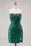 Dark Green Strapless Ruched Beaded Tight Lace Up Back Homecoming Dress with Slit