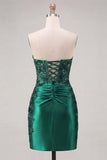 Dark Green Strapless Ruched Beaded Tight Lace Up Back Homecoming Dress with Slit