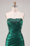 Dark Green Strapless Ruched Beaded Tight Lace Up Back Homecoming Dress with Slit