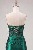 Dark Green Strapless Ruched Beaded Tight Lace Up Back Homecoming Dress with Slit