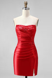 Dark Green Strapless Ruched Beaded Tight Lace Up Back Homecoming Dress with Slit