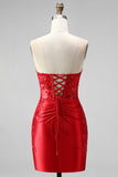 Dark Green Strapless Ruched Beaded Tight Lace Up Back Homecoming Dress with Slit