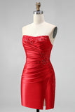 Dark Green Strapless Ruched Beaded Tight Lace Up Back Homecoming Dress with Slit