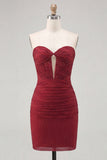Burgundy Sweetheart Tight Ruched Cut Out Homecoming Dress with Beading