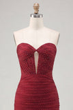 Burgundy Sweetheart Tight Ruched Cut Out Homecoming Dress with Beading