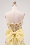 Yellow Strapless Bodycon Floral Sequins Homecoming Dress with Bow