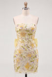 Yellow Strapless Bodycon Floral Sequins Homecoming Dress with Bow
