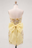 Yellow Strapless Bodycon Floral Sequins Homecoming Dress with Bow