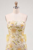 Yellow Strapless Bodycon Floral Sequins Homecoming Dress with Bow