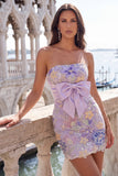 Pink Bodycon Strapless Floral Sequins Lace Up Back Homecoming Dress with Bow