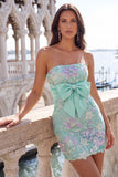Pink Bodycon Strapless Floral Sequins Lace Up Back Homecoming Dress with Bow