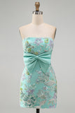 Mint Green Bodycon Strapless Floral Beaded Mini Homecoming Dress with Big Bow