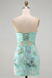 Mint Green Bodycon Strapless Floral Beaded Mini Homecoming Dress with Big Bow