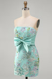 Mint Green Bodycon Strapless Floral Beaded Mini Homecoming Dress with Big Bow