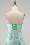 Mint Green Bodycon Strapless Floral Beaded Mini Homecoming Dress with Big Bow