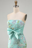 Mint Green Bodycon Strapless Floral Beaded Mini Homecoming Dress with Big Bow