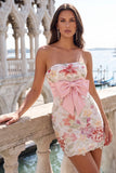 Pink Bodycon Strapless Floral Sequins Lace Up Back Homecoming Dress with Bow