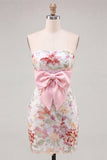Pink Bodycon Strapless Floral Sequins Lace Up Back Homecoming Dress with Bow