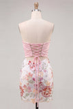 Pink Bodycon Strapless Floral Sequins Lace Up Back Homecoming Dress with Bow