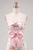 Pink Bodycon Strapless Floral Sequins Lace Up Back Homecoming Dress with Bow