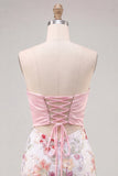Pink Bodycon Strapless Floral Sequins Lace Up Back Homecoming Dress with Bow