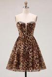 Brown Leopard A-Line Strapless Short Homecoming Dress with Beading
