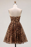 Brown Leopard A-Line Strapless Short Homecoming Dress with Beading